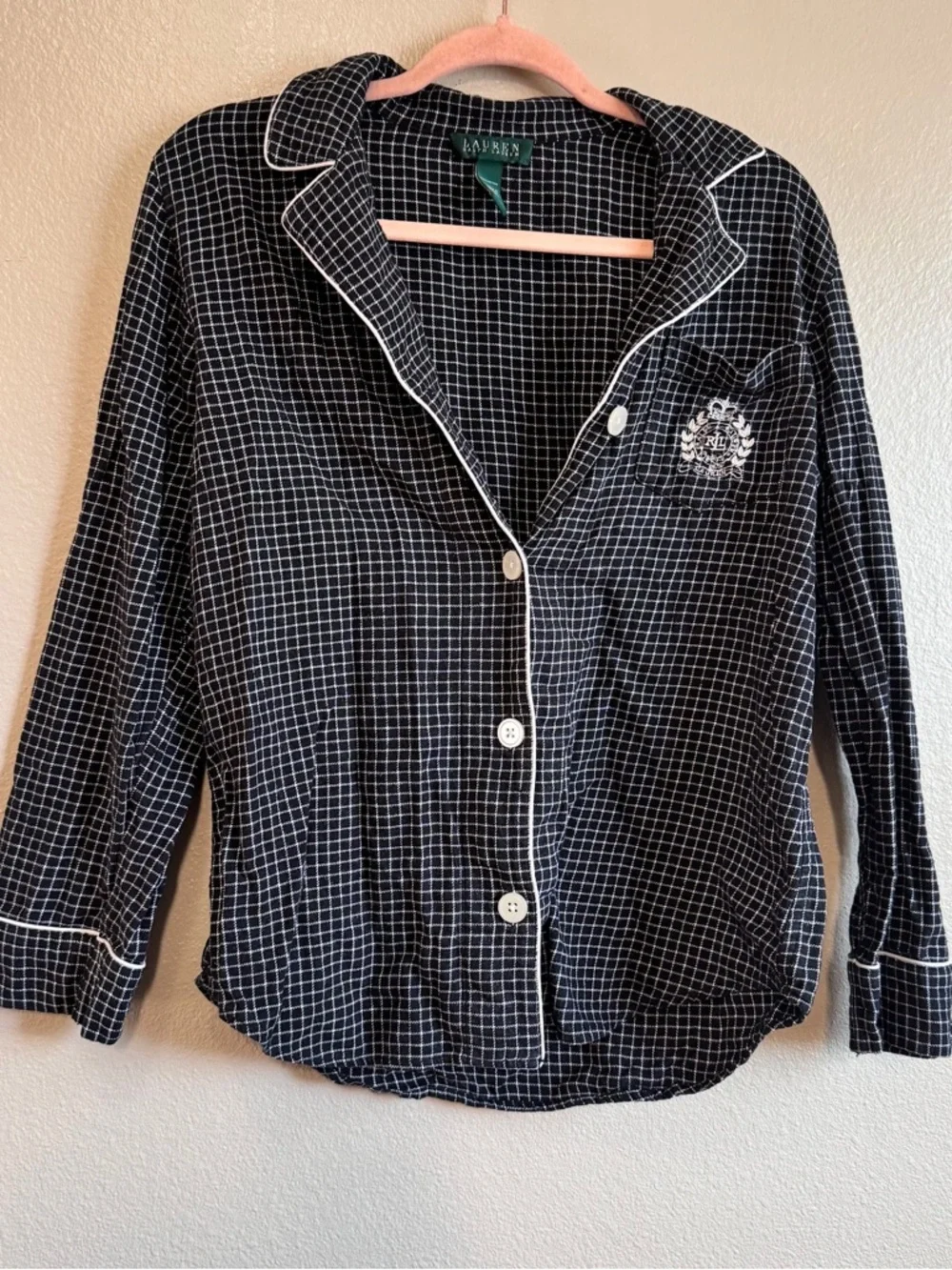 Ralph Lauren Black and White Grid-Print Button Pajama Top